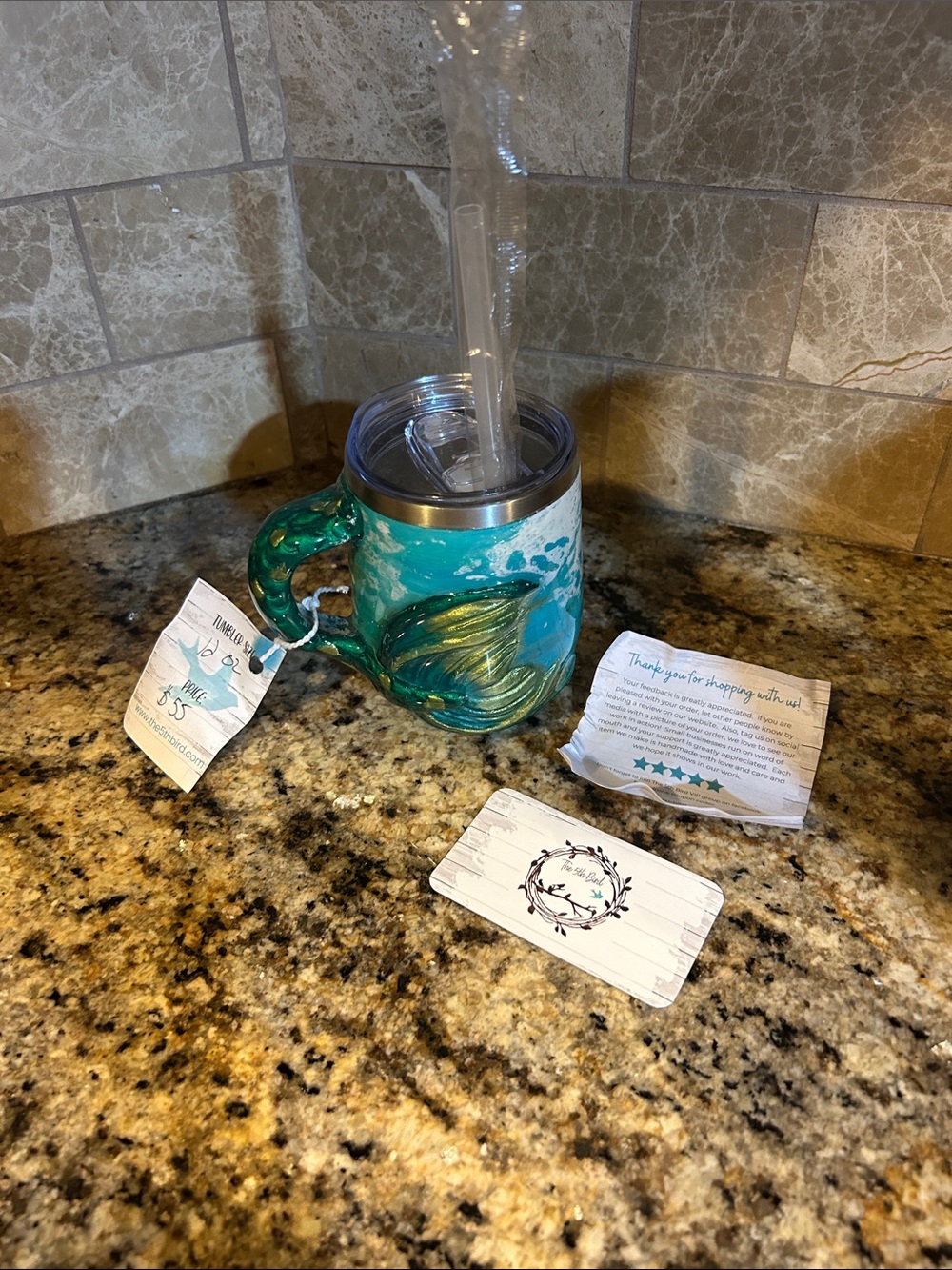 The 5th bird 12oz Mermaid tumbler, green, teal blue with straw, NWT